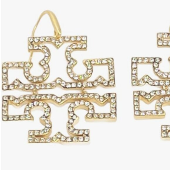 Tory Burch Britten Pave Logo Drop Hinged Dangle Earrings - Gold Tone *NWOT* - Picture 2 of 5